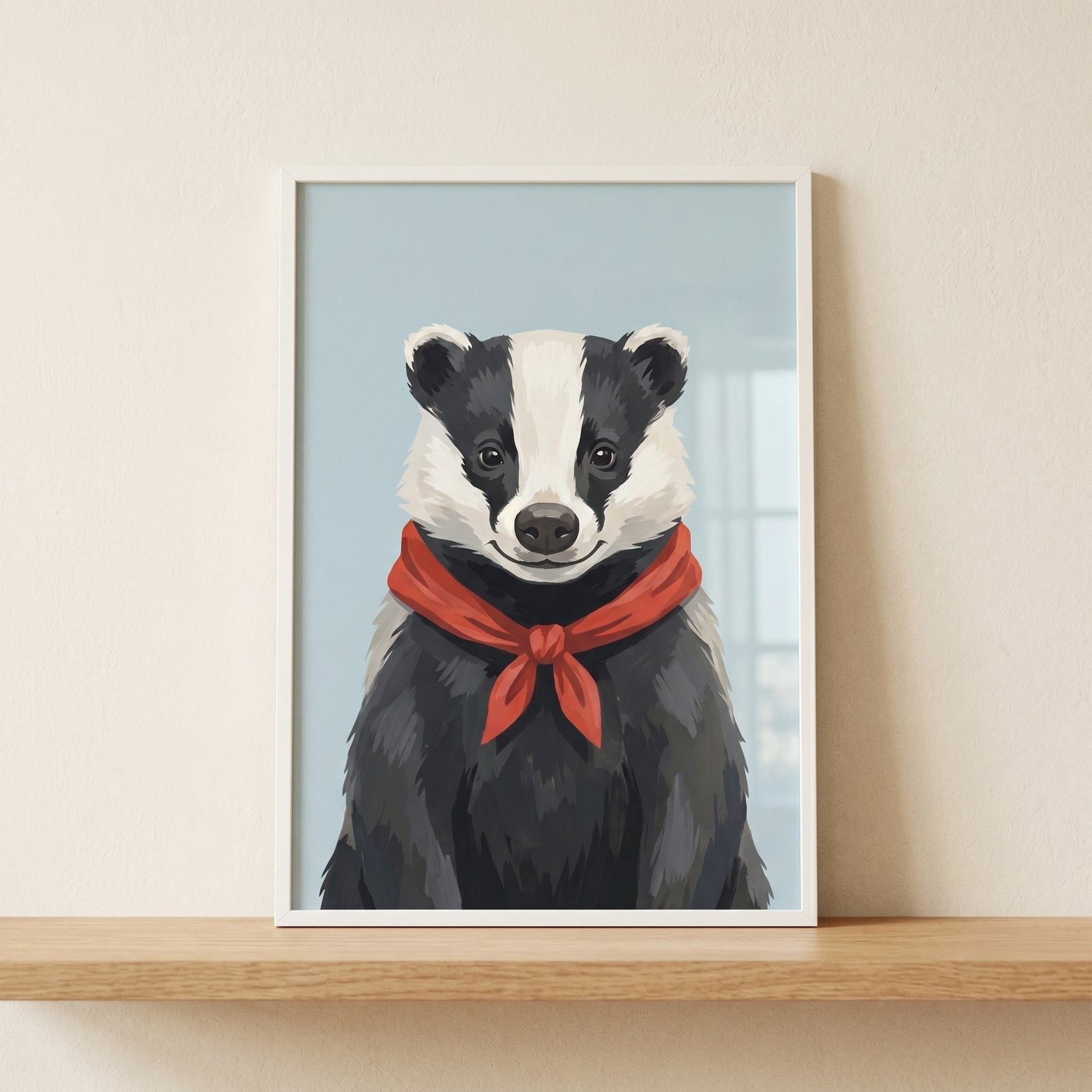 Tied red neckerchief badger wall art in a white frame resting on a wooden shelf against a neutral wall.
