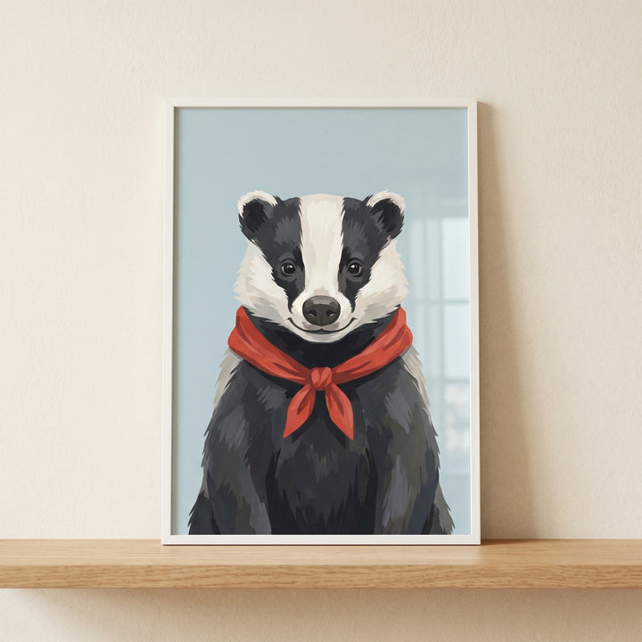 Tied red neckerchief badger wall art in a white frame resting on a wooden shelf against a neutral wall.