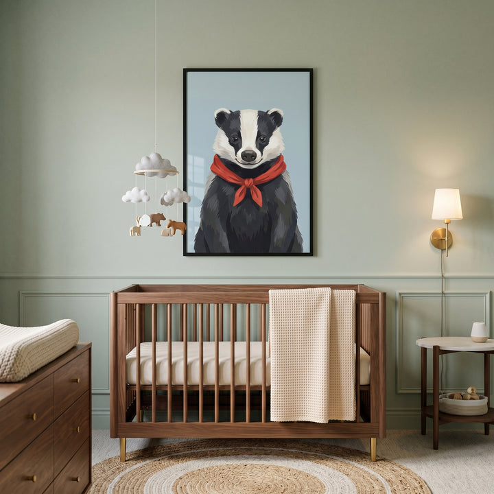 Tied red neckerchief badger wall art hangs above a wooden crib in a sage green nursery with a cloud mobile.