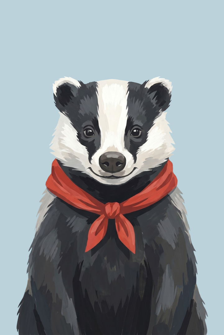 Black and white badger wearing a tied red neckerchief badger wall art on a light blue background.