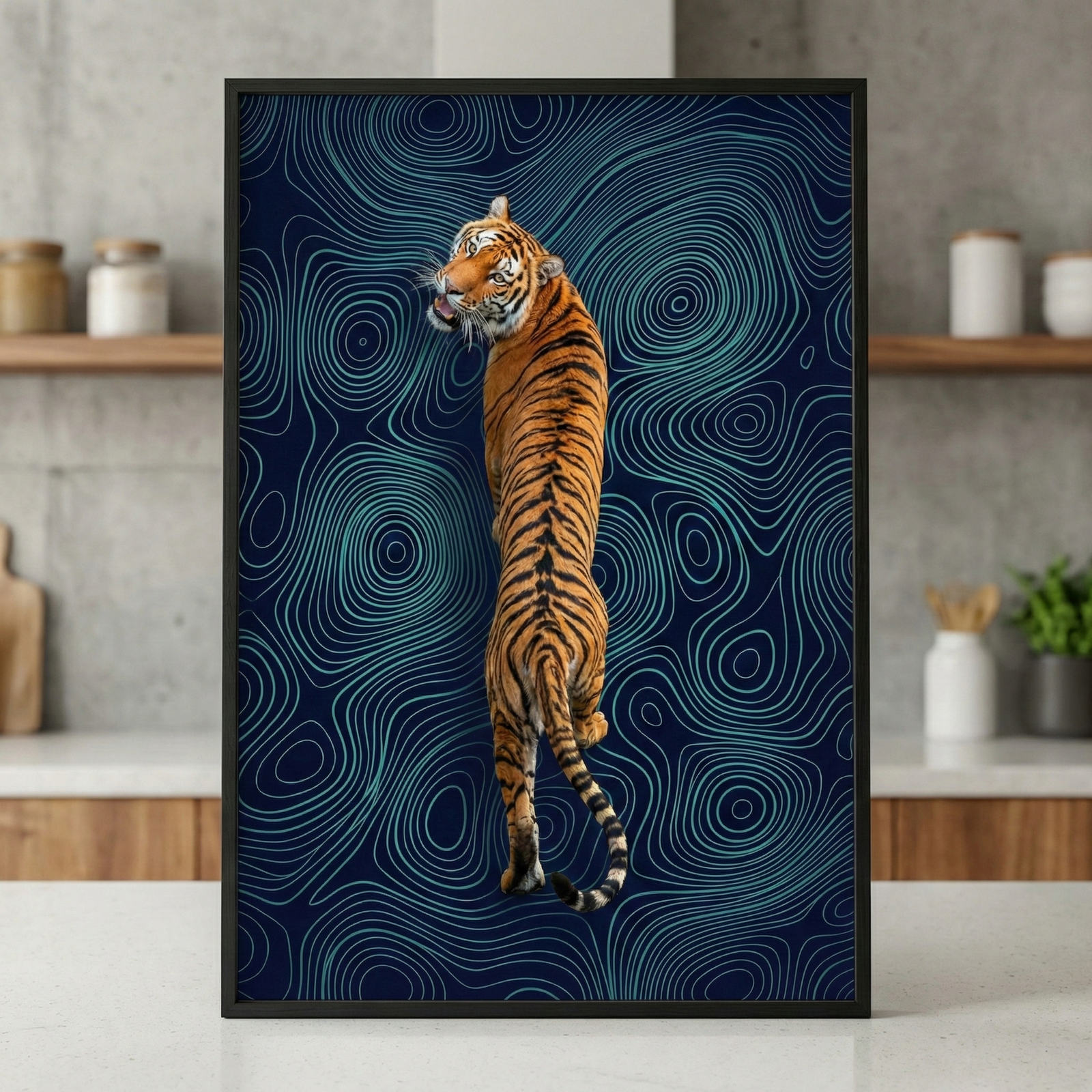 An artistic digital illustration featuring a realistic tiger positioned vertically in the center. The tiger is shown from behind, with its body elongated as if climbing, and its head turned back to look directly at the viewer with a piercing gaze. The background consists of a dark navy blue field filled with an intricate, swirling pattern of glowing cyan topographic contour lines that create a sense of depth and fluid motion. 