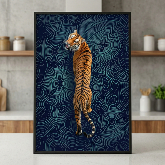 An artistic digital illustration featuring a realistic tiger positioned vertically in the center. The tiger is shown from behind, with its body elongated as if climbing, and its head turned back to look directly at the viewer with a piercing gaze. The background consists of a dark navy blue field filled with an intricate, swirling pattern of glowing cyan topographic contour lines that create a sense of depth and fluid motion. 