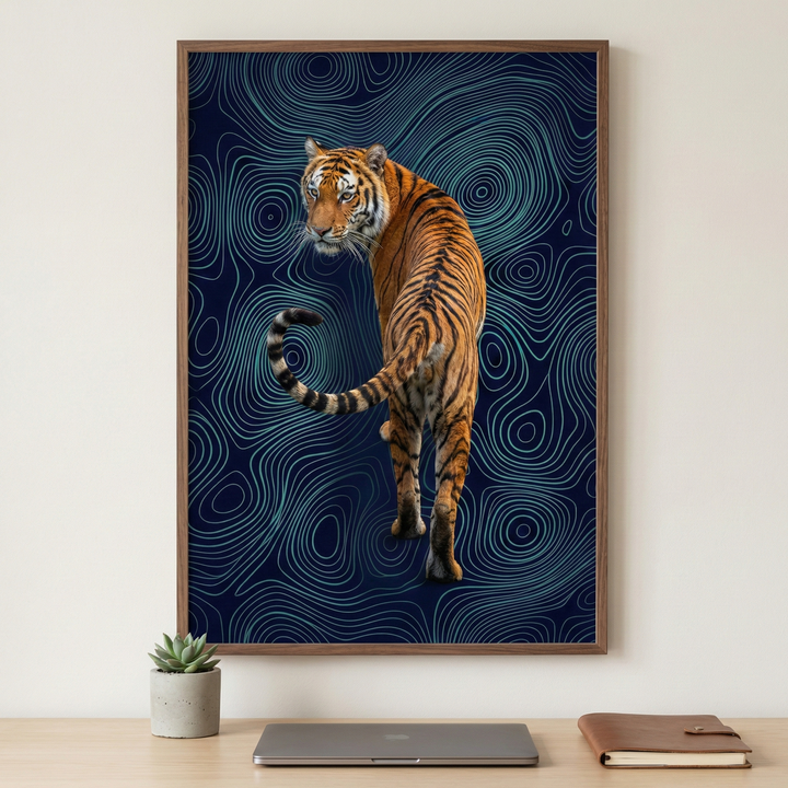 A framed piece of wall art hangs on a light wall above a wooden desk. The art features a tiger seen from behind, looking back over its shoulder. The tiger’s tail is curled into a distinctive spiral. The background is composed of glowing, light blue wavy, topographic-style lines over a dark blue base. On the desk below sits a small potted succulent in a gray cement container, a closed silver laptop, and a brown leather journal, creating a clean and modern workspace.
