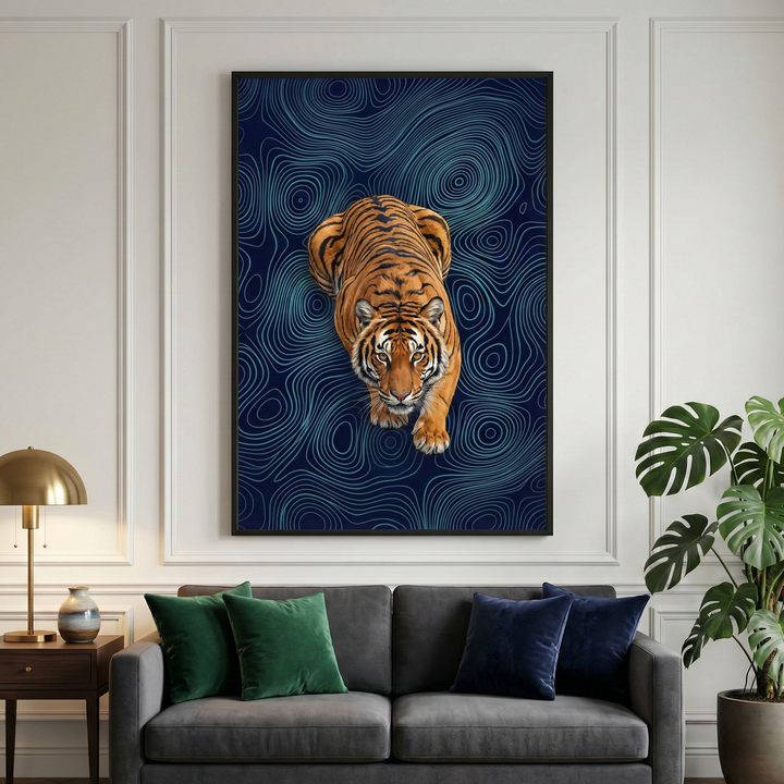 A large, vertical black-framed artwork is centered on a white wall with decorative rectangular paneling. The piece features a detailed tiger walking forward, shown from a top-down perspective. The background of the art is a dark blue color filled with an intricate pattern of light blue, swirling topographic lines. Below the frame sits a modern grey sofa with four plush velvet throw pillows: two in emerald green on the left and two in navy blue on the right. 