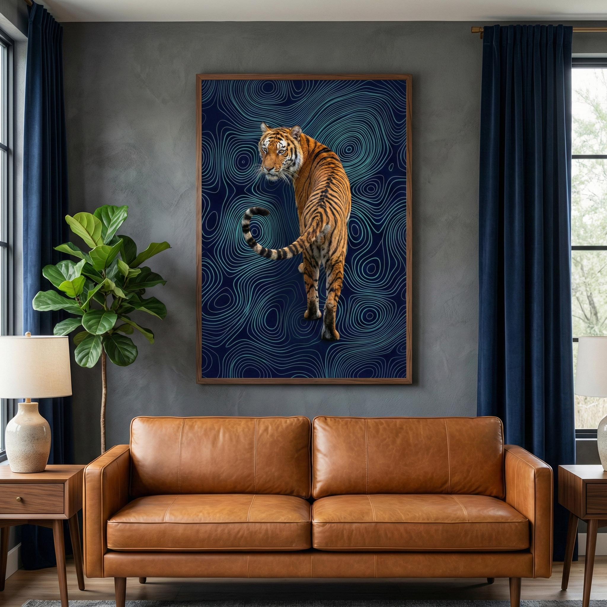 A modern living room features a tan leather sofa centered below a large piece of framed artwork on a dark grey wall. The artwork depicts a realistic tiger walking away while looking back over its shoulder, set against a dark blue backdrop with swirling teal topographical-like lines. A large green houseplant stands to the left. On either side of the sofa are wooden end tables with lamps. Floor-to-ceiling dark blue curtains frame windows on both sides of the room.