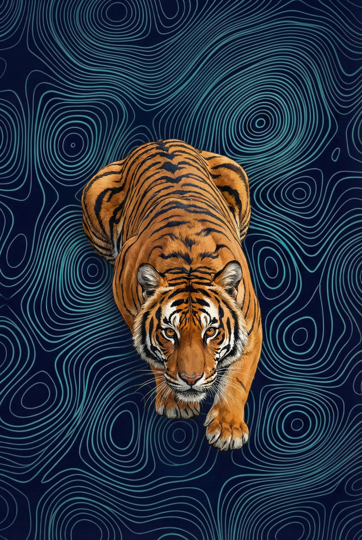 A tiger crouches low, walking directly toward the viewer with a focused, intense gaze. The background is filled with wavy blue contour lines that add a sense of movement.