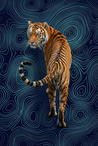 A tiger walks away with its tail curled and glances back over its shoulder. The swirling blue contour pattern behind it creates a dreamlike, graphic effect.