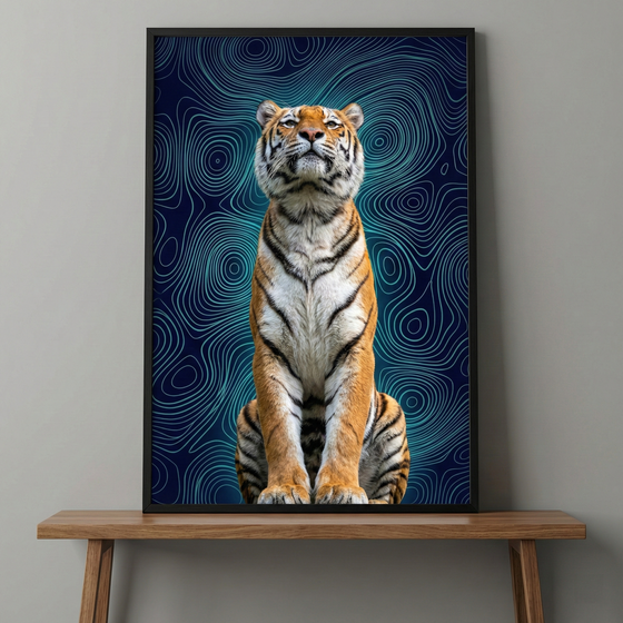 A framed piece of artwork rests on a wooden bench against a grey wall. The central subject is a detailed tiger sitting upright, its head tilted upward. The animal's orange, white, and black striped fur stands out against a dark navy blue background. Behind the tiger, glowing turquoise lines create an intricate, swirling pattern reminiscent of a topographical map. The entire image is enclosed in a thin, black frame, creating a modern and striking piece of animal-themed art.