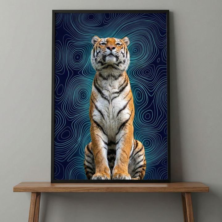 A framed piece of artwork rests on a wooden bench against a grey wall. The central subject is a detailed tiger sitting upright, its head tilted upward. The animal's orange, white, and black striped fur stands out against a dark navy blue background. Behind the tiger, glowing turquoise lines create an intricate, swirling pattern reminiscent of a topographical map. The entire image is enclosed in a thin, black frame, creating a modern and striking piece of animal-themed art.