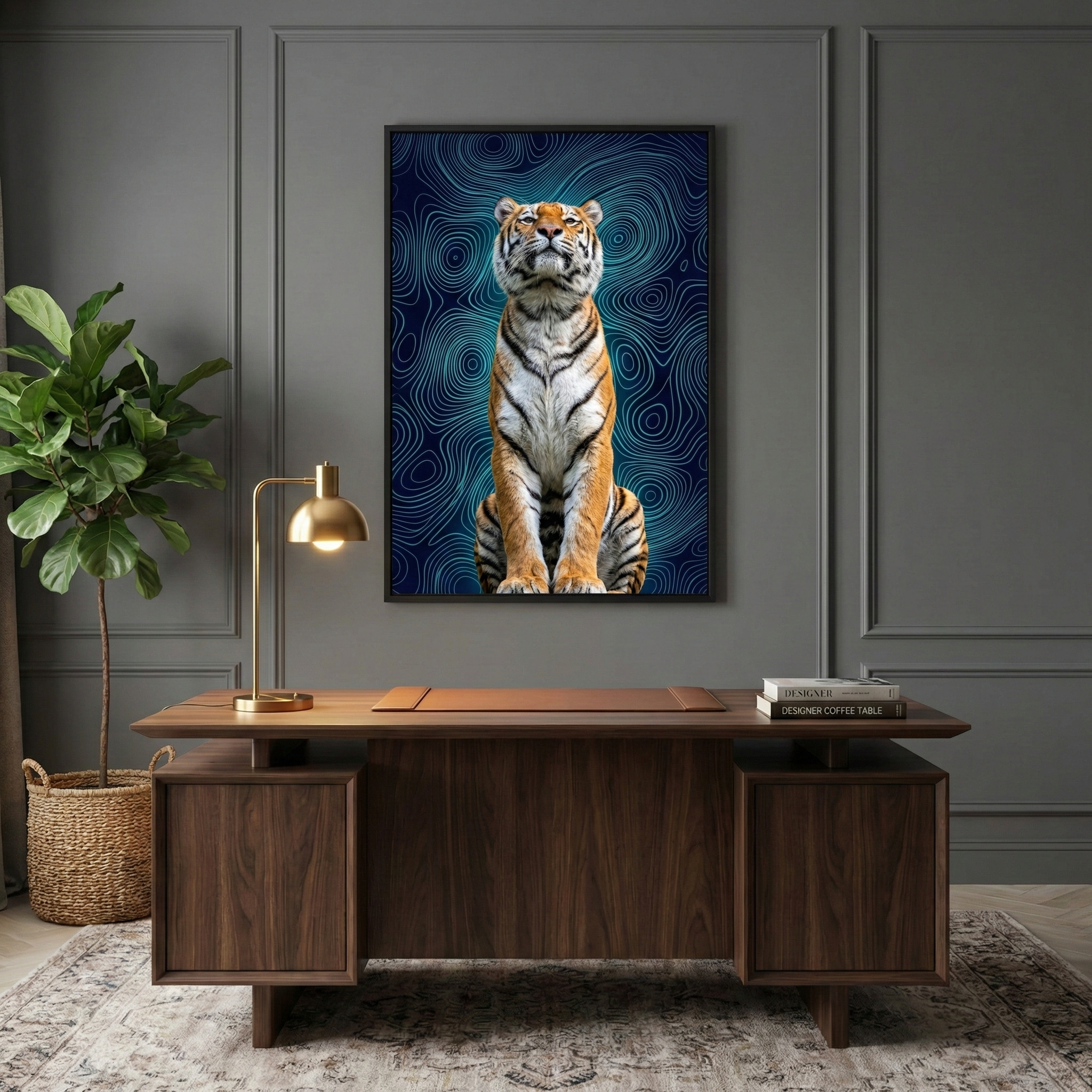 A sophisticated home office setup features a large, framed artwork centered on a dark grey paneled wall. The piece depicts a tiger sitting upright against a backdrop of swirling, deep blue and teal topographical patterns. Below, a solid dark wood executive desk holds a sleek gold lamp and a stack of books. To the left, a tall, leafy green plant stands in a woven basket on a patterned rug, completing the elegant and professional atmosphere.