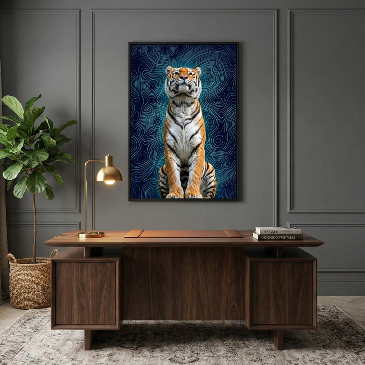 A sophisticated home office setup features a large, framed artwork centered on a dark grey paneled wall. The piece depicts a tiger sitting upright against a backdrop of swirling, deep blue and teal topographical patterns. Below, a solid dark wood executive desk holds a sleek gold lamp and a stack of books. To the left, a tall, leafy green plant stands in a woven basket on a patterned rug, completing the elegant and professional atmosphere.
