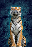 A tiger sits upright and regal, gazing upward with a calm expression. The background features swirling blue contour lines on deep navy, adding a surreal atmosphere.