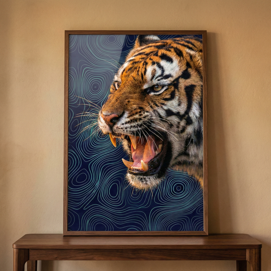 A framed artwork of a roaring tiger hangs on a dark navy wall with classic molding. The tiger is shown in profile with its mouth open, set against a dark background with intricate, light blue swirling patterns. Below the frame is a wooden desk holding a brass gooseneck lamp, a row of books, a leather desk mat, a gold-toned pencil holder, a ceramic mug, and a small abstract grey sculpture atop another stack of books. The overall scene is elegant and powerful.