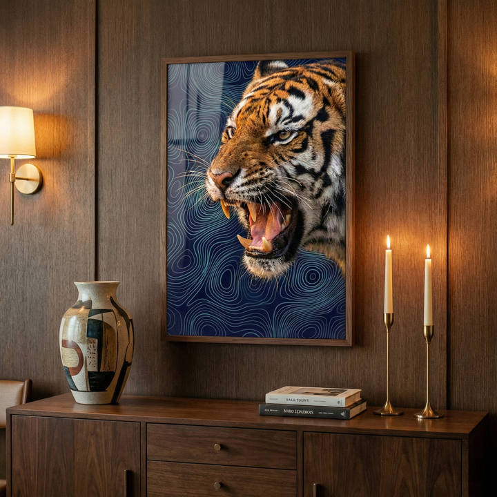 A framed artwork of a snarling tiger hangs on a dark blue paneled wall above a wood desk. The tiger is shown with an open mouth against a background of light, swirling topographic lines. The desk features a brass lamp, a stack of books with globe bookends, and a leather desk pad. On the right, a brass pencil holder, a white mug, and a small grey sculpture on a couple of books complete the scene. The overall atmosphere is sophisticated and studious.
