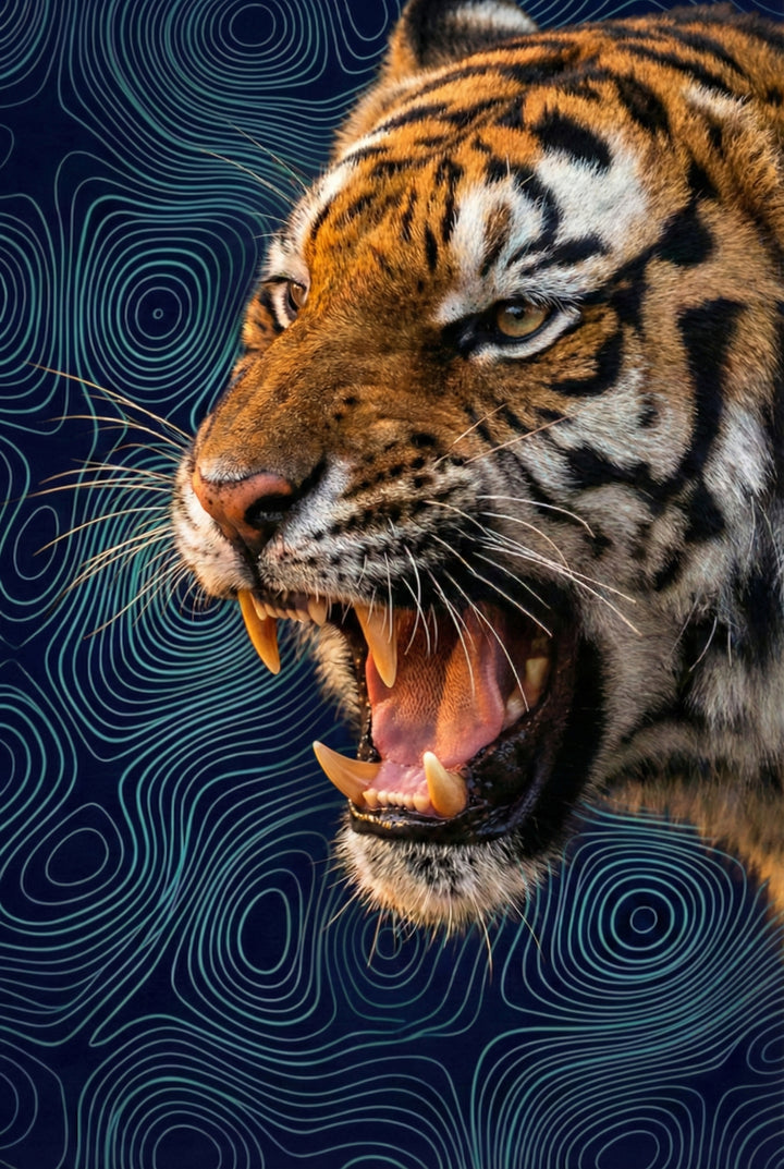 Close-up of a snarling tiger baring sharp teeth, set against a dark navy background with swirling blue contour lines. Its fur is richly detailed and its eyes fierce.