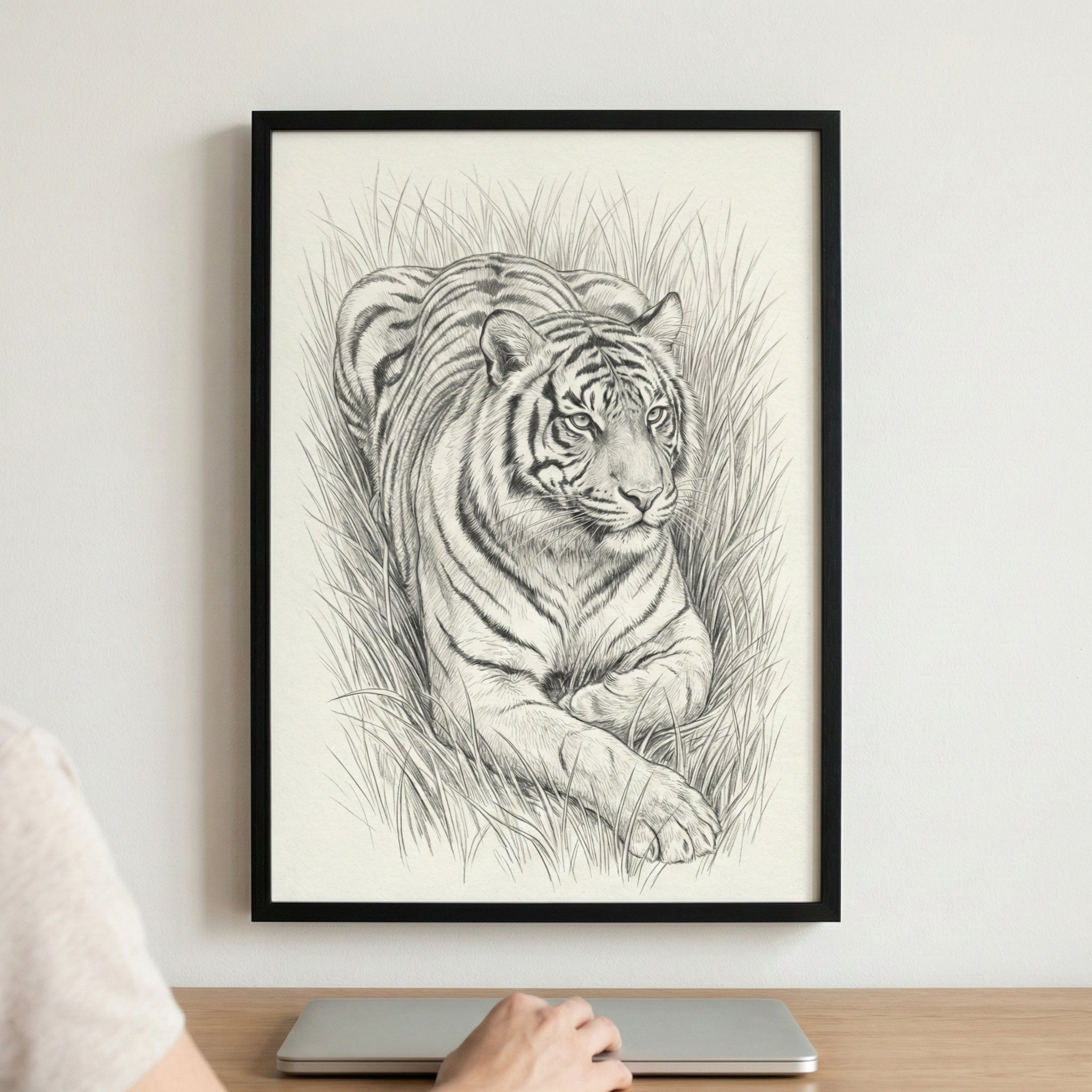 A framed black-and-white sketch of a tiger lying in tall grass, hung on a light-colored wall. Below the art, a person's hand is on the trackpad of a silver laptop on a wooden desk.