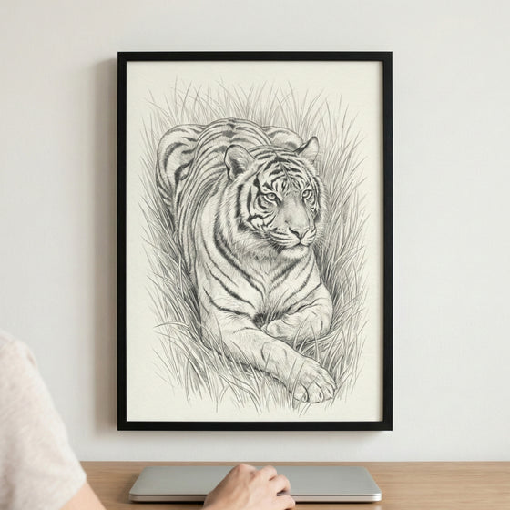 A framed black-and-white sketch of a tiger lying in tall grass, hung on a light-colored wall. Below the art, a person's hand is on the trackpad of a silver laptop on a wooden desk.