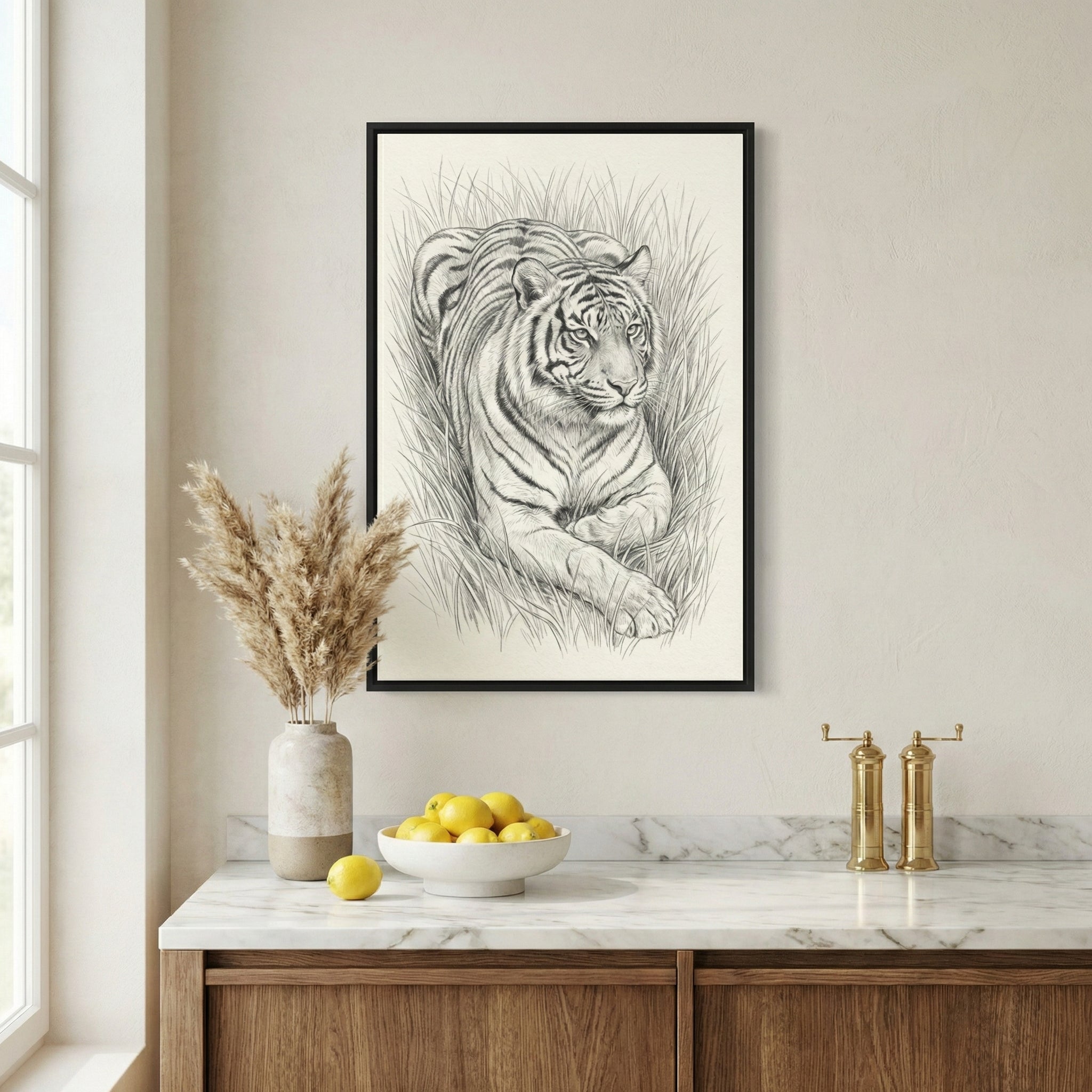 A minimalist interior scene featuring a framed black and white pencil sketch of a tiger lying in tall grass, hung on a light beige wall. Below the artwork, a white marble countertop sits atop light wood cabinets. On the counter, there is a ceramic vase with dried decorative grass, a white bowl filled with lemons, and two brass salt and pepper mills. To the left, a tall window lets in soft, natural light.