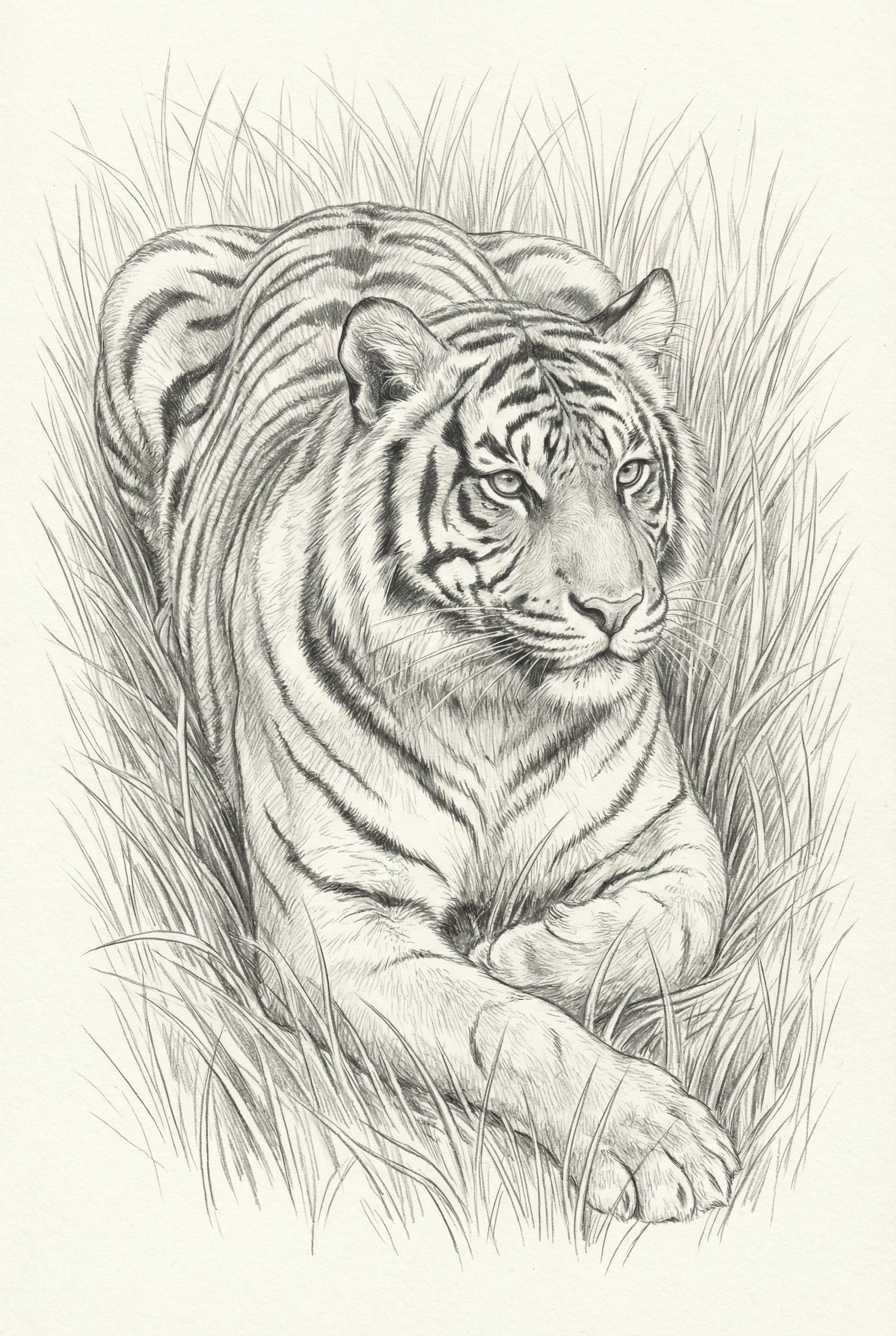 Hand-drawn image of a tiger lying alert in tall grass, with its front paws extended and intense eyes focused straight ahead.
