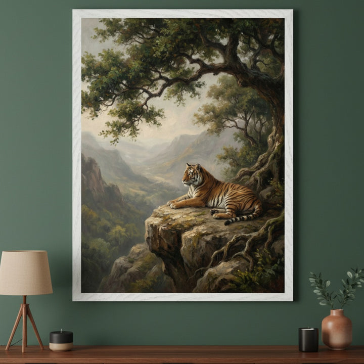 Modern living room with a dark green wall and wooden console table. A large framed oil painting of a tiger on a cliff overlooking a misty valley hangs centered above the table.