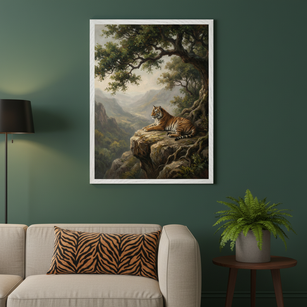 Living room with dark green walls. A beige sofa with a tiger-stripe cushion and a black floor lamp are visible. A large framed painting of a tiger on a cliff overlooking a valley, beneath an old tree, hangs above the sofa. A potted fern is on a side table to the right.