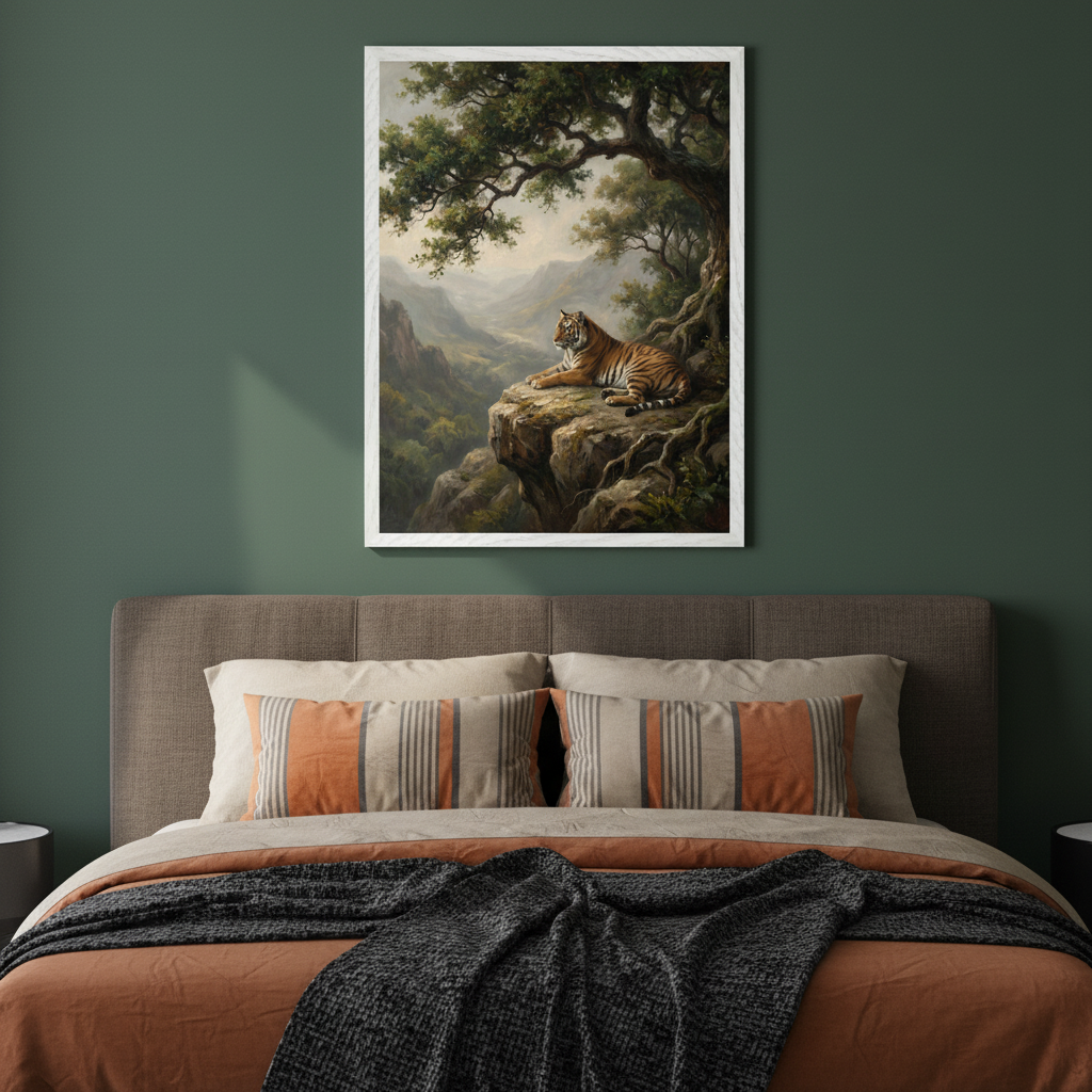 Modern bedroom with a brown upholstered bed and orange bedding against a dark green wall. A large framed painting of a tiger on a cliff overlooking a forest valley hangs centered above the bed.