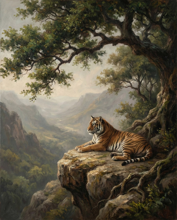Majestic oil-style painting of a tiger lying on the edge of a rugged cliff, gazing over a vast misty valley filled with trees and distant mountain ridges, conveying strength, solitude, and natural beauty.
