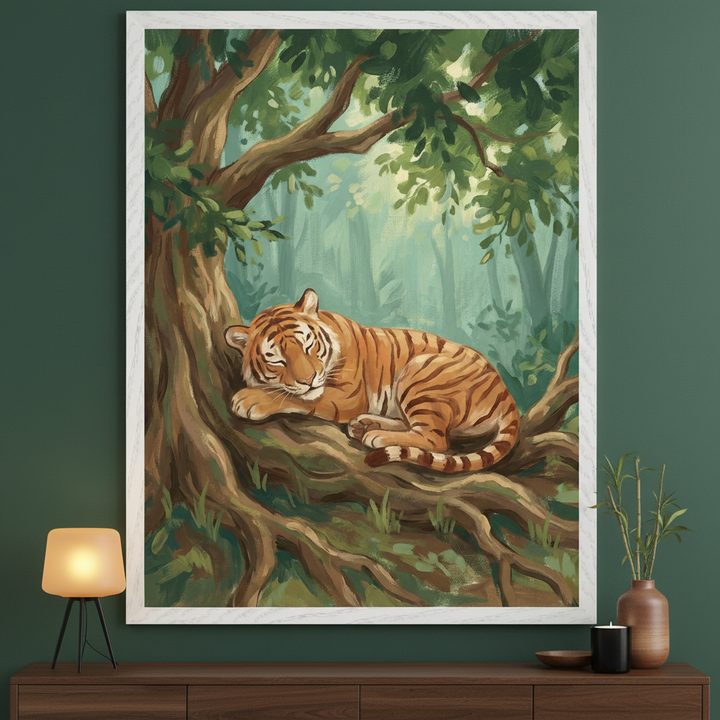 Modern living room with a dark green wall and a dark wood credenza. A large white-framed painterly artwork of a sleeping tiger on tree roots in a lush forest hangs centered above the credenza.