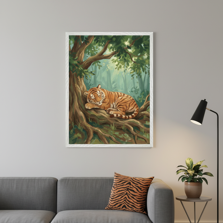 Modern living room with a gray sofa. A large framed painting of a sleeping tiger on a tree branch in a forest hangs above the sofa. A tiger-stripe pillow, floor lamp, and potted plant are visible.