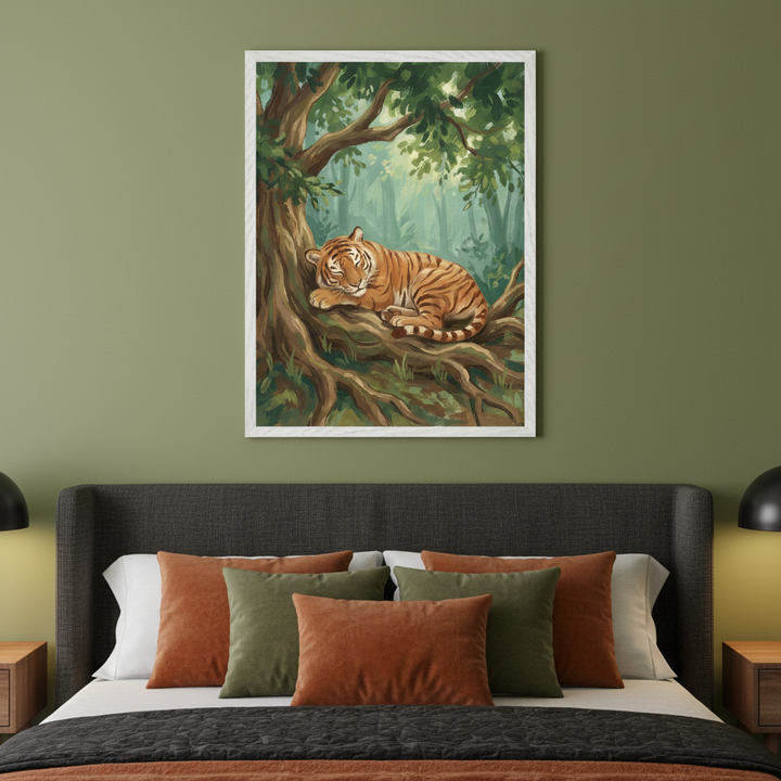 Modern bedroom with a dark gray upholstered bed. A framed illustrative painting of a sleeping tiger on tree roots in a lush forest hangs centered above the bed.