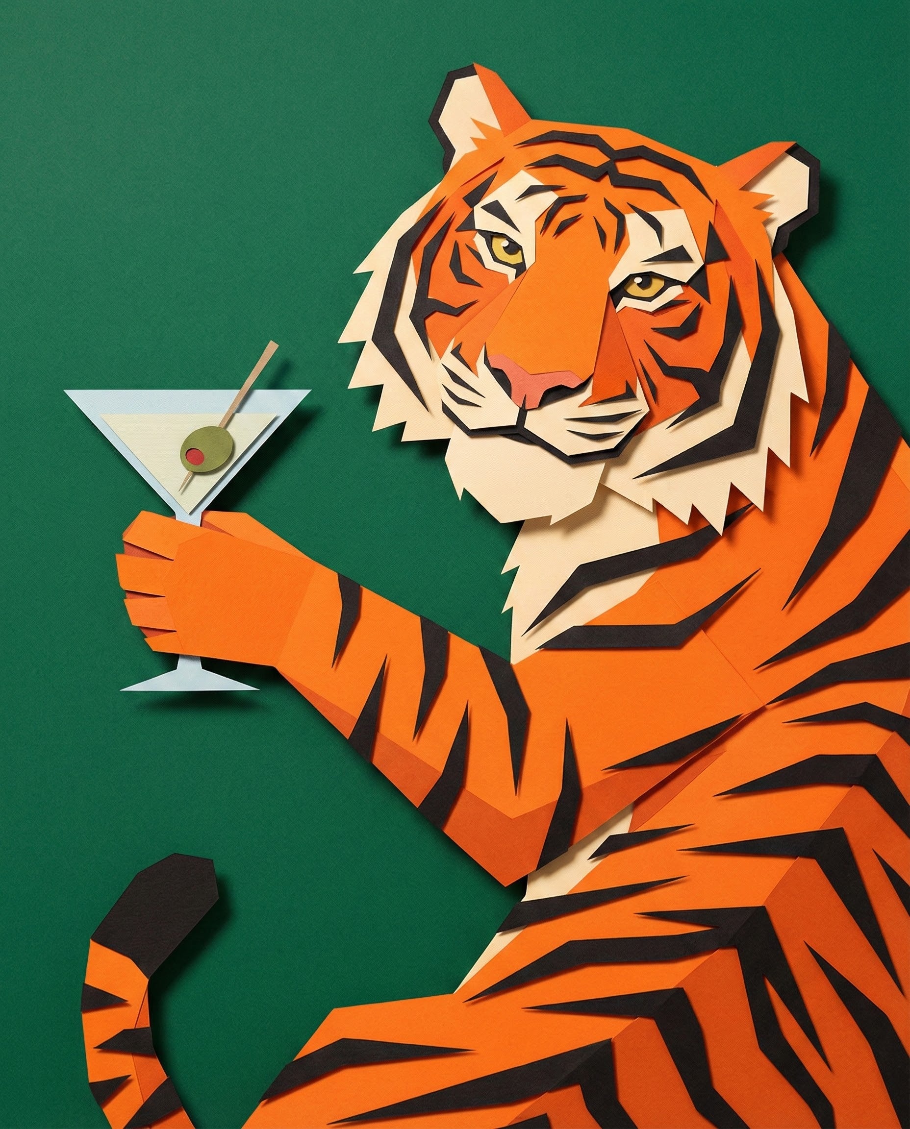 Graphic-style paper cut illustration of a confident orange tiger holding a martini glass with an olive, set against a bold green background, combining playful sophistication and visual punch.
