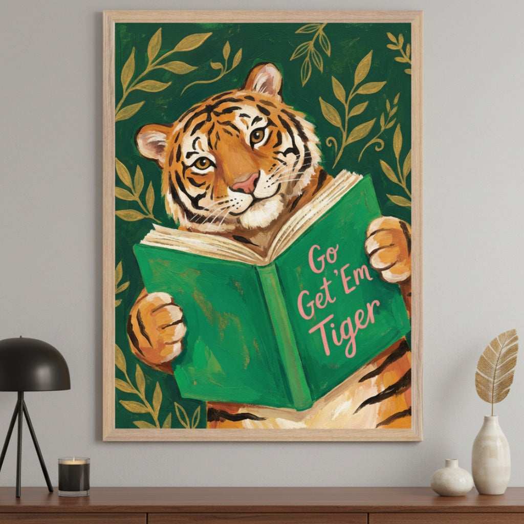Modern living room with a dark brown wooden console table against a light gray wall. A framed painting of a smiling cartoon tiger holding an open green book that reads 'Go Get 'Em Tiger' hangs centered above the console table. The background is dark green with gold leaves.