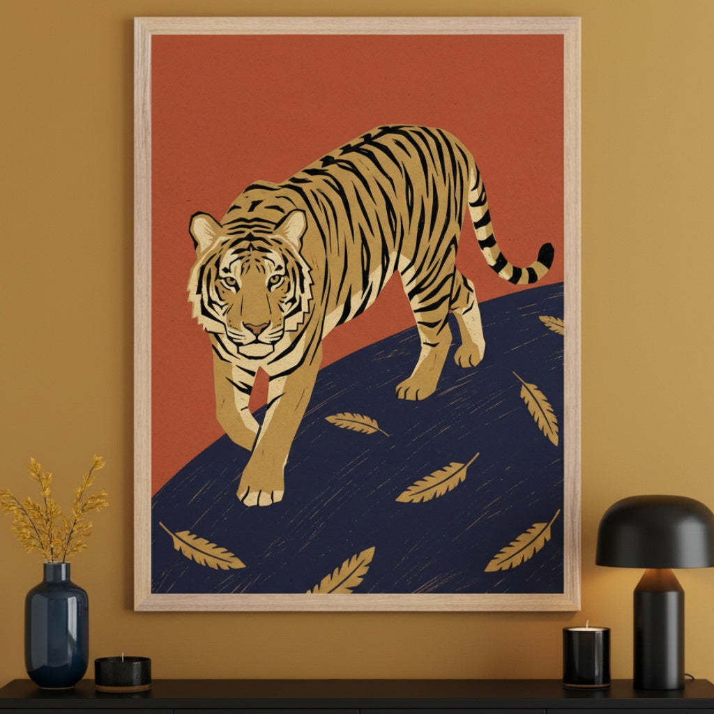 Modern room with a black console table. A large framed print of a stylized tiger walking on a dark blue area with golden feathers against an orange-red background hangs centered above the table. A vase, candle, and lamp are on the table.