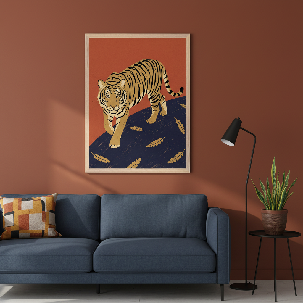 Modern living room with a blue sofa. A large framed print of a walking tiger on a blue path with golden feathers against an orange background hangs above the sofa. A floor lamp and potted plant are to the right.