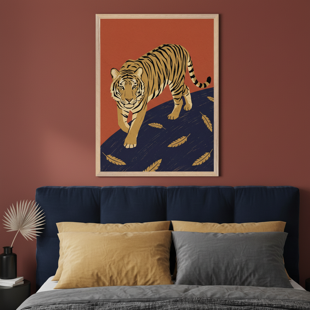 Modern bedroom with a navy blue upholstered bed and side table. A large framed illustration of a tiger walking on a blue path with gold feathers against an orange background hangs centered above the bed.