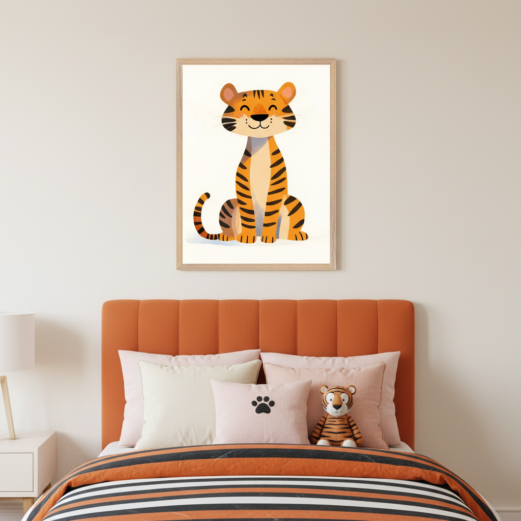 Kid's bedroom with an orange upholstered bed. A framed cartoon illustration of a smiling, striped tiger sits centered on the wall above the bed. The bed has striped bedding and a small tiger plush toy.