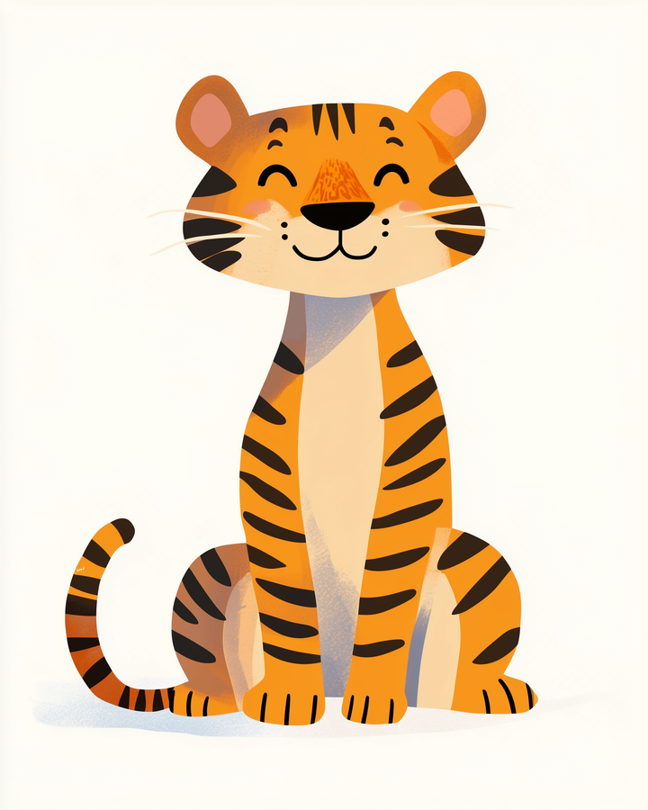 A cheerful cartoon tiger sits upright with a smiling expression, featuring bright orange fur with bold black stripes and a long striped tail, against a plain white background.