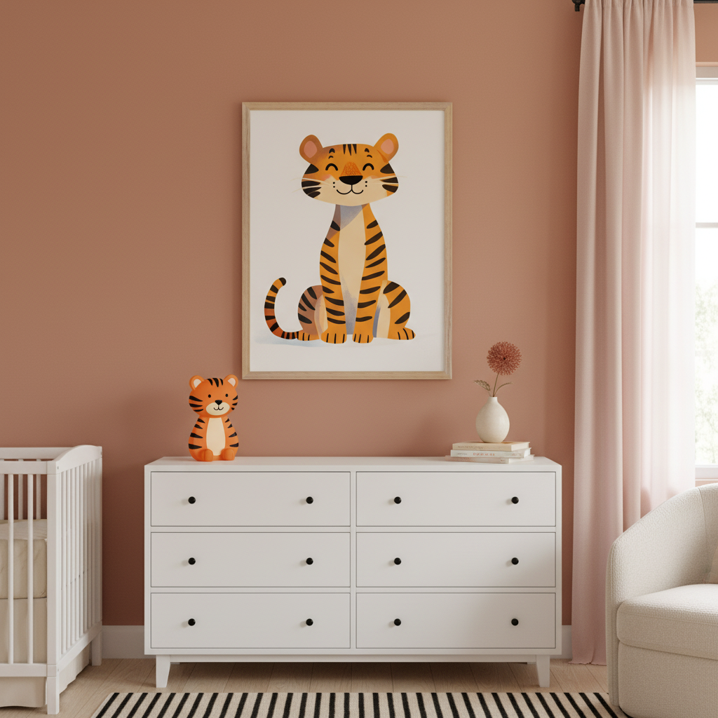 Modern nursery with terracotta walls. A large framed print of a sitting, smiling cartoon tiger hangs above a white dresser. A white crib is to the left, and a cream armchair is to the right. A tiger figurine and a vase with a flower are on the dresser. Black and white striped rug.