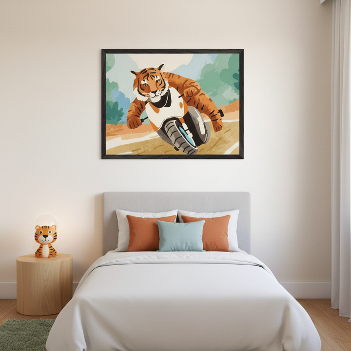 Modern kid's bedroom featuring a gray bed with white bedding. A round wooden nightstand with a tiger lamp stands to the left. A large framed illustration of a tiger on a motorcycle racing through a landscape hangs above the bed.