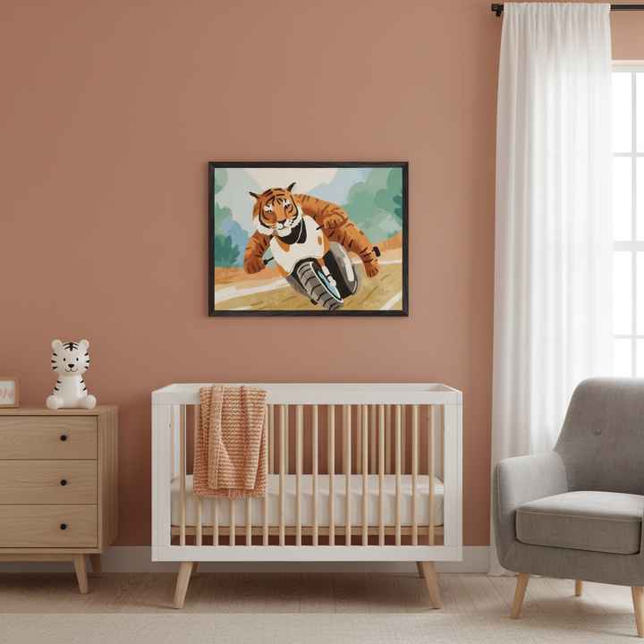 Modern nursery with a terracotta wall. A black-framed illustration of a tiger riding a motorcycle hangs above a white crib. A wooden dresser with a tiger toy is on the left, and a gray armchair is on the right.