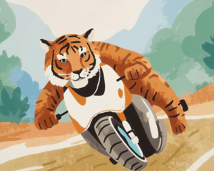 A cartoon tiger confidently rides a motorcycle down a winding road, gripping the handlebars with both paws. The scene is set against a backdrop of green trees and blue hills, creating a dynamic and adventurous atmosphere.