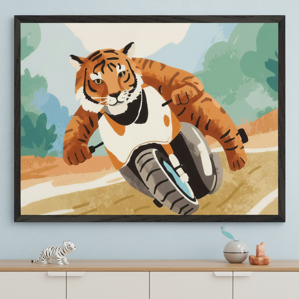 Modern room with light blue walls and a light wood dresser. A large framed print of an illustrative tiger on a motorcycle hangs centered above the dresser. A white tiger figurine is on the dresser.