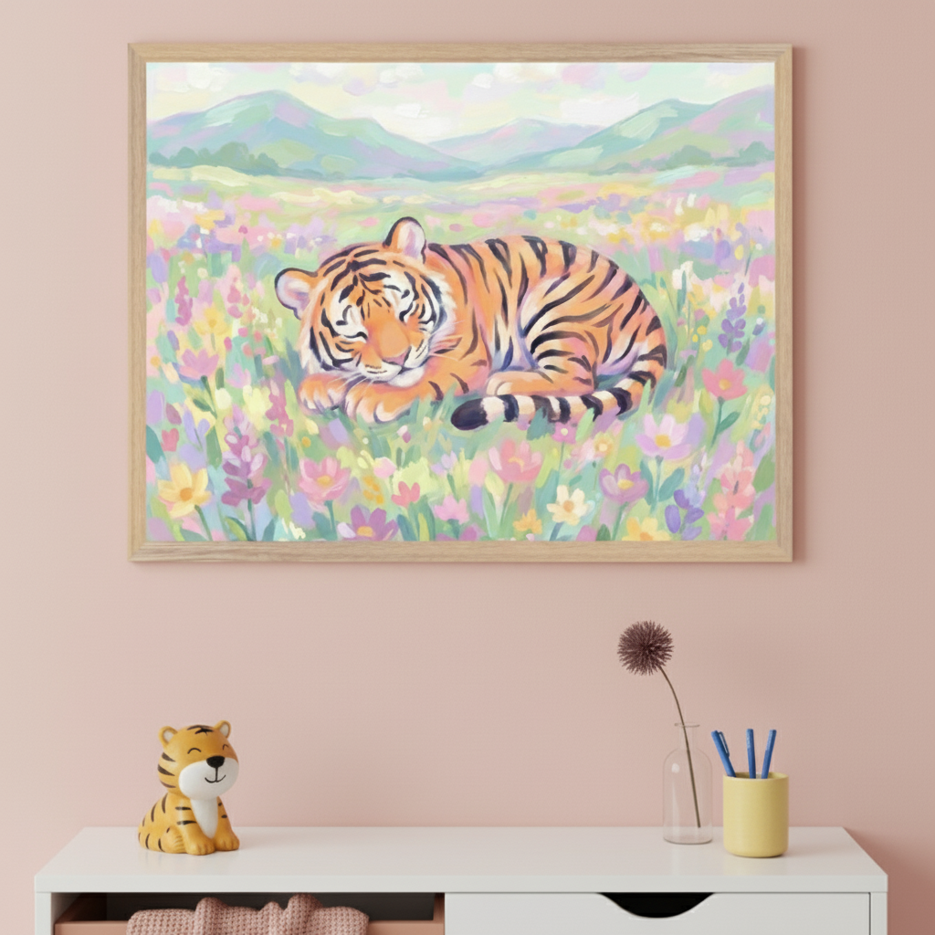 Kid's room with a pink wall. A large framed painting of a sleeping tiger in a field of pastel flowers with mountains hangs above a white dresser. A tiger figurine and a vase with a flower are on the dresser.