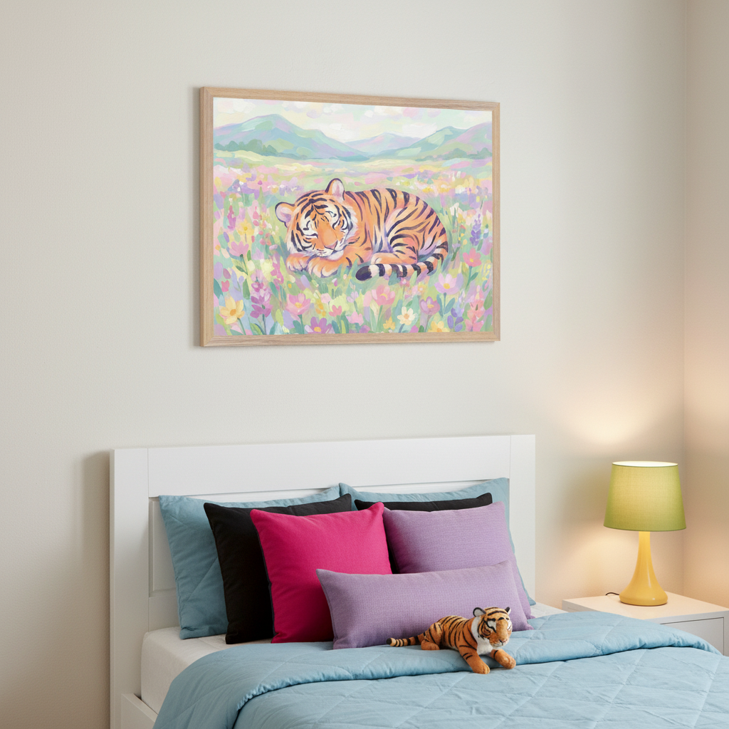 Kid's bedroom with a white bed and colorful pillows. A framed painting of a sleeping tiger in a vibrant flower field with mountains in the background hangs above the bed. A stuffed tiger and a yellow lamp are on the bed and nightstand.