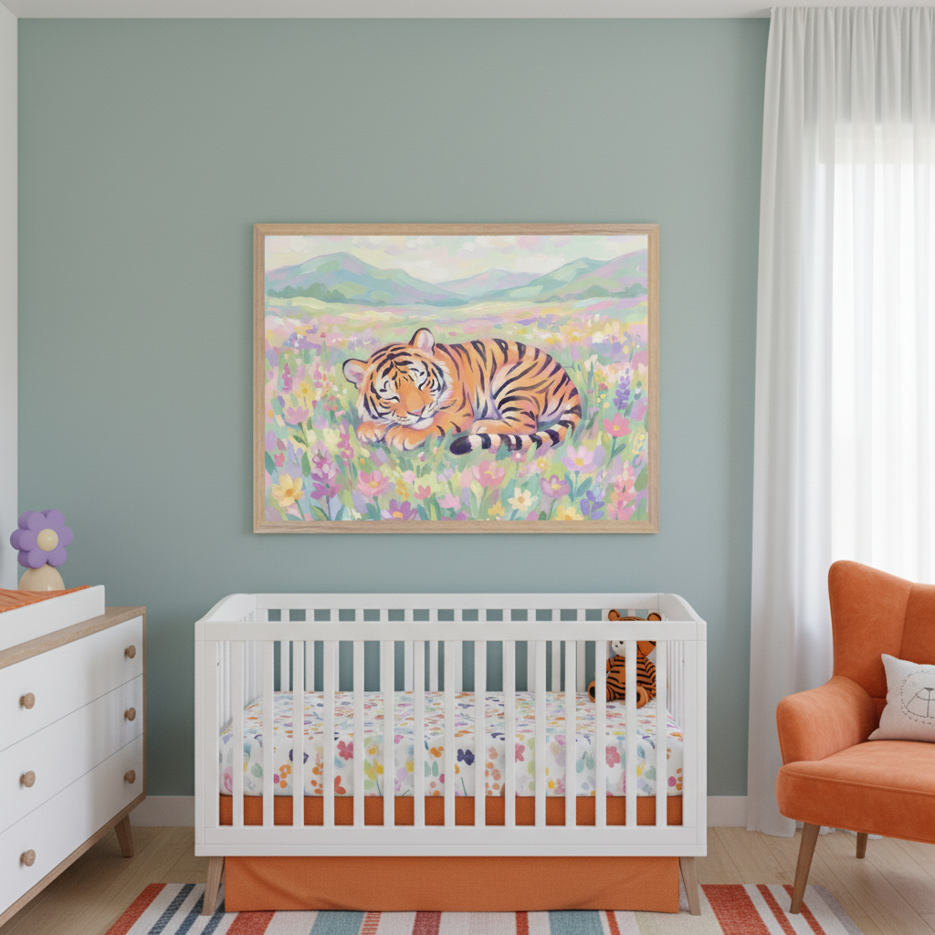 Modern nursery with sage green walls. A large framed print of a sleeping tiger in a colorful flower field hangs centered above a white crib with an orange bed skirt. A white dresser is left, an orange armchair right.