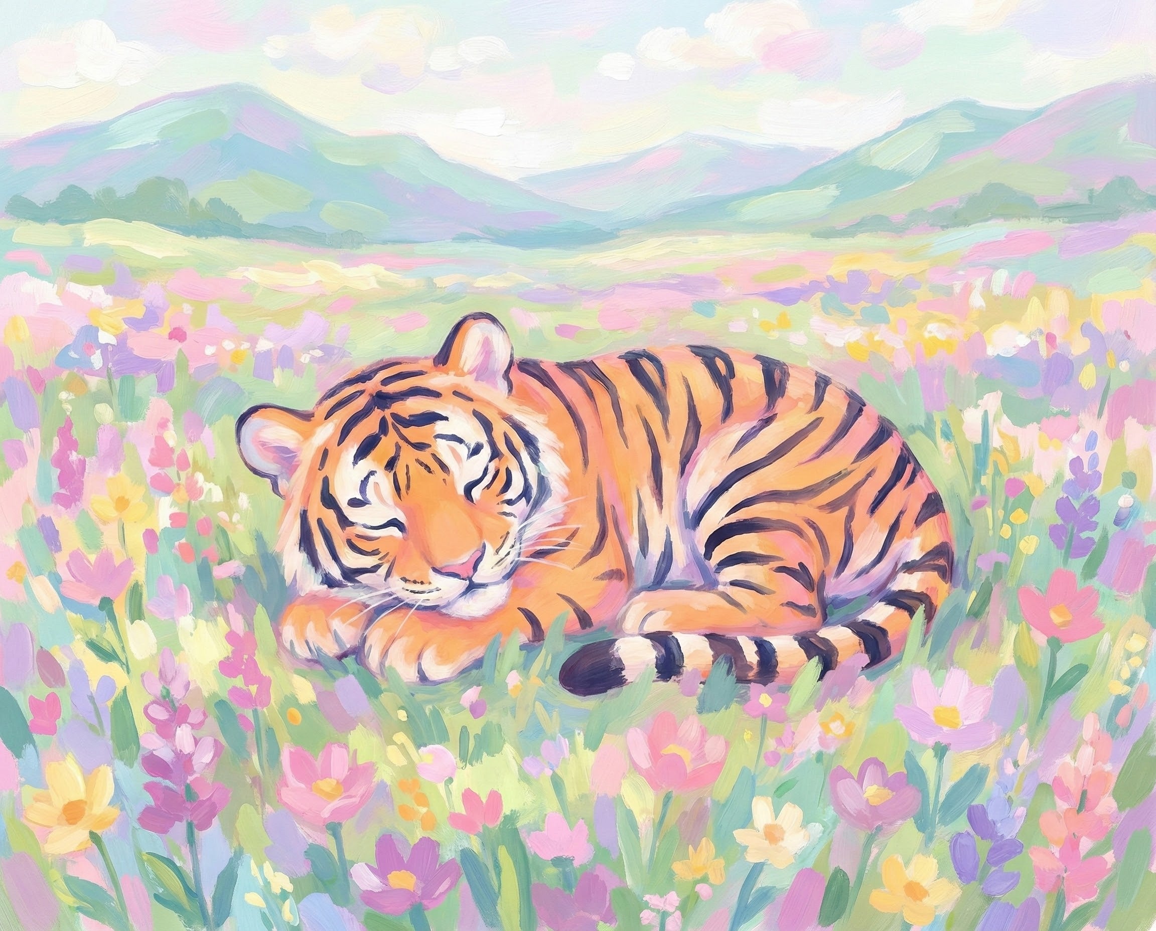 Tiger Lily Nap - Tiger Framed Wall Art for Nursery, Playroom or Kids Bedrooms