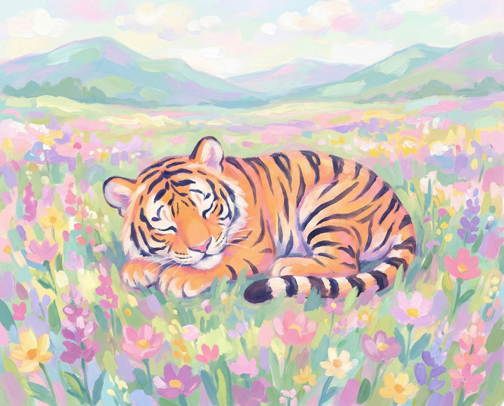 Bright pastel painting of a peaceful tiger sleeping among blooming wildflowers in a dreamy, rainbow-colored meadow with rolling hills in the background, radiating calm and whimsy.
