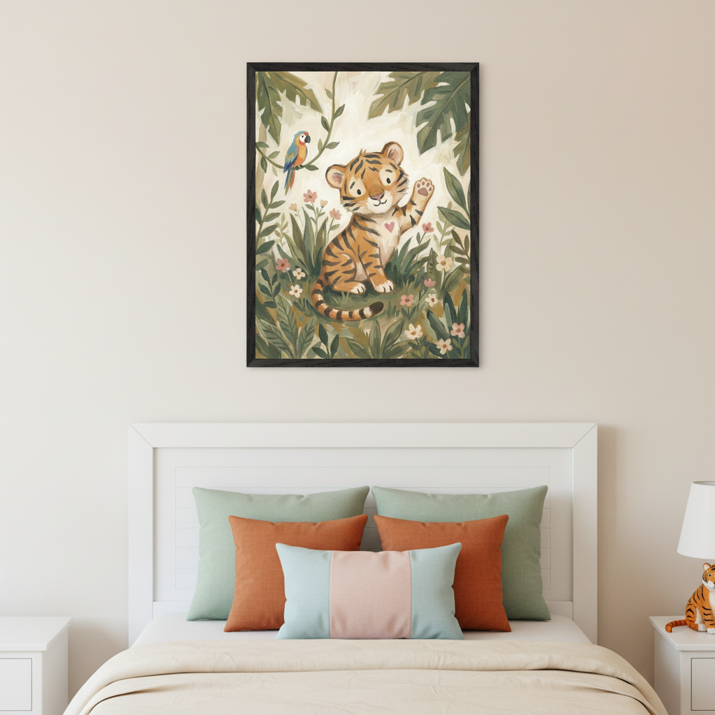 Kid's bedroom with a white headboard bed and two nightstands. A framed painting depicting a cartoon tiger cub waving in a lush jungle with a parrot and flowers hangs centered above the bed. The bed features light green, orange, and color-block pillows.
