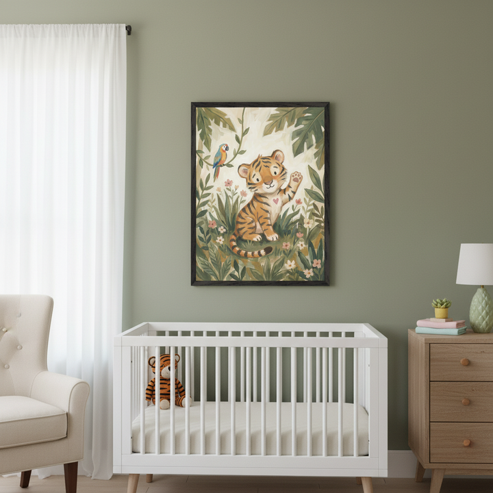 Modern nursery with green walls, a white crib, cream armchair, and wooden dresser. A large framed illustration of a cute tiger waving in a jungle with a parrot hangs centered above the crib.