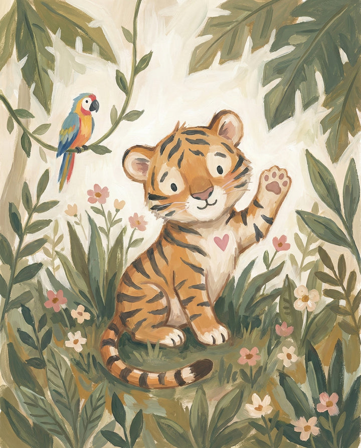 Cute illustration of a smiling tiger cub waving from a lush jungle filled with leafy plants and pink flowers, with a colorful parrot perched on a vine above, designed in soft earthy tones for playful kids’ room decor.
